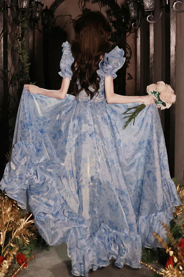 Prom Dresses Stores Pretty Light Blue Floral Short Sleeves Long Prom Dress Light Blue Evening Dress Formal Women's Dresses